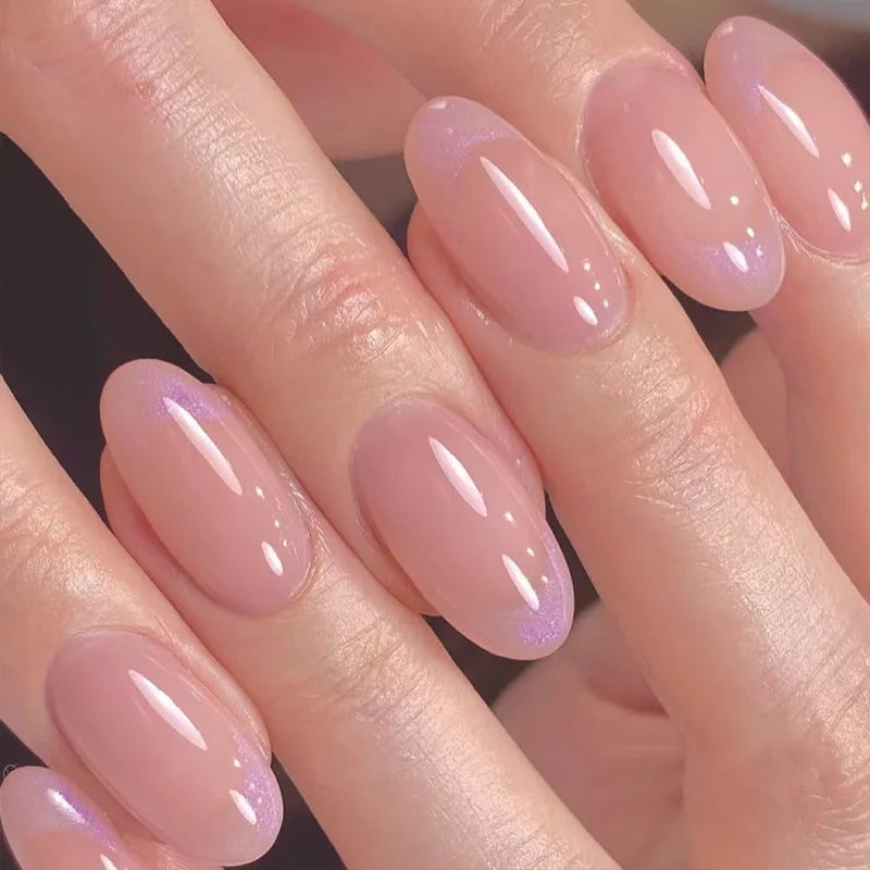 24pcs Almond Aurora French False Nails White Edge Design Fake Nails Art Full Coverage Waterproof Artificial Press on Nail
