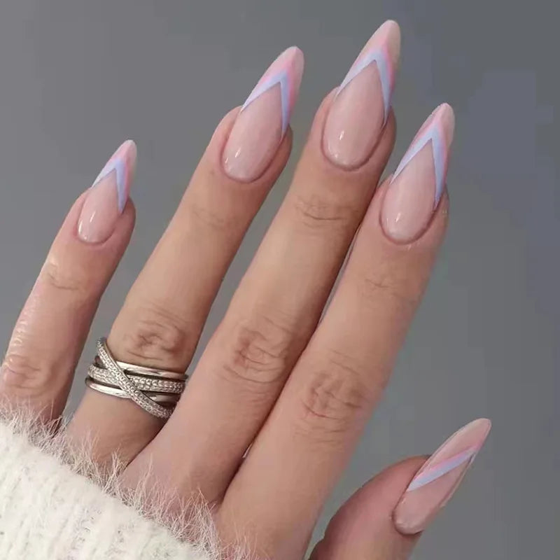 24Ps/Set Almond Slant Gold Line Lotus Pink Fake Nails Artificial Professional Material art False Nail Supplies For Professionals