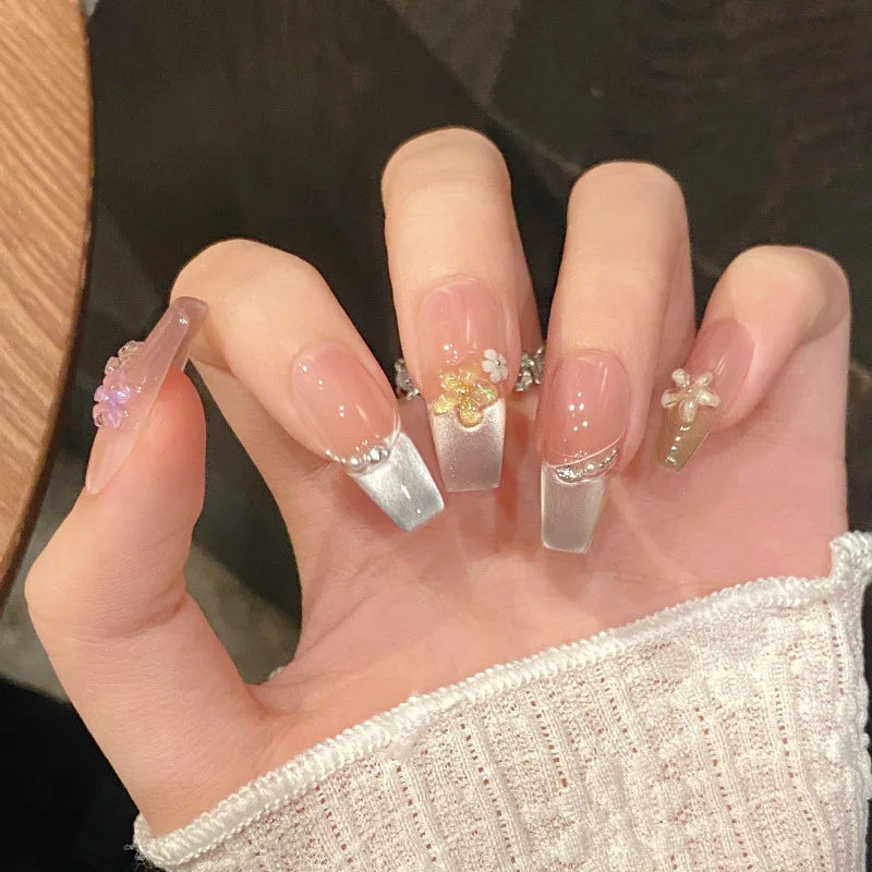 10Pcs Blue Handmade Press On Nails Set Ballet Wearable Artificial False Nails Decoration Nail Art Manicure Fake Nails Tips Art
