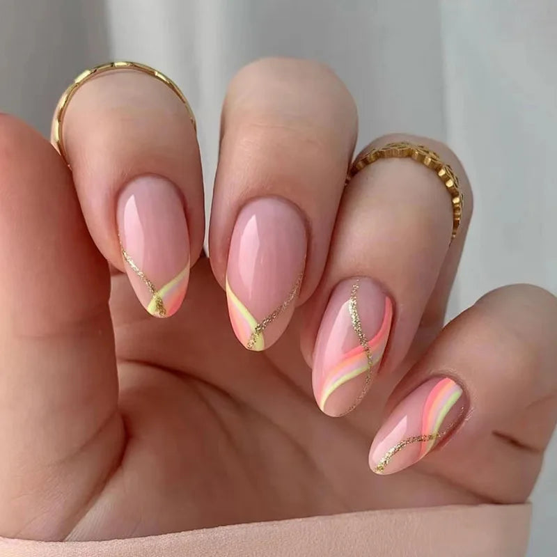 24Ps/Set Almond Slant Gold Line Lotus Pink Fake Nails Artificial Professional Material art False Nail Supplies For Professionals