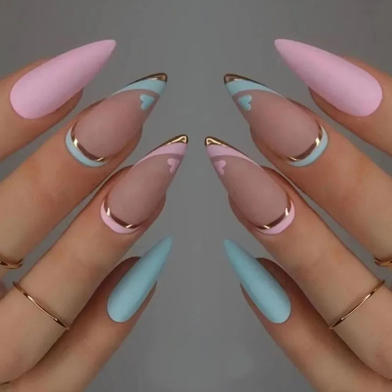 24Ps/Set Almond Slant Gold Line Lotus Pink Fake Nails Artificial Professional Material art False Nail Supplies For Professionals