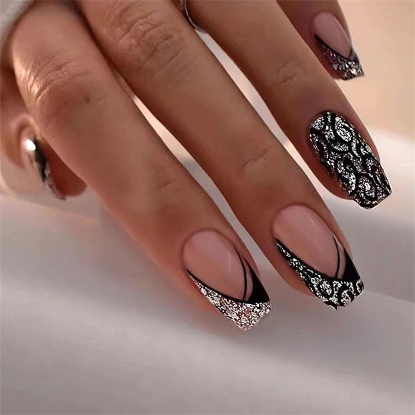 24Pcs Medium Long Acrylic Fake Nails Art Cool Spice Girls Wearing False Nails Set Press on Nail Tips Removable French Nails Fake