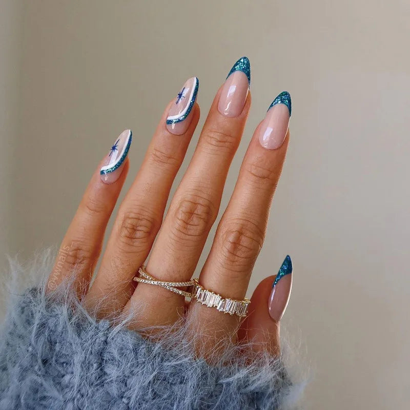 24pcs Almond Aurora French False Nails White Edge Design Fake Nails Art Full Coverage Waterproof Artificial Press on Nail