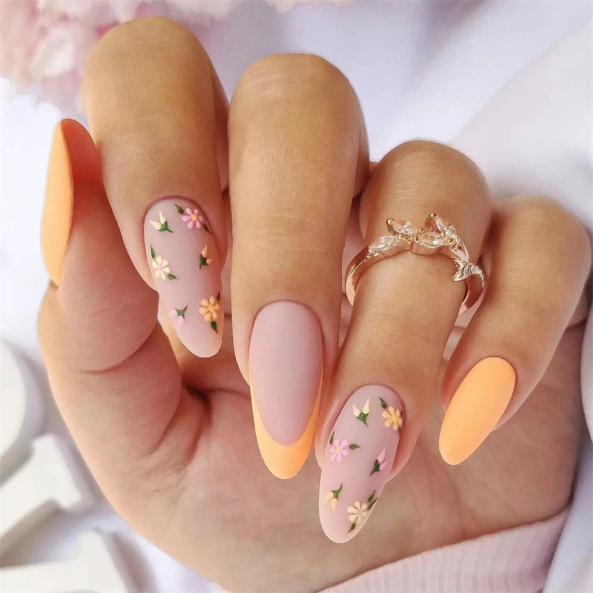 24Pcs Teardrop Cute Little Flower False Nail Art Full Cover Removable Artificial Fake Nails Coffin Ballerina Press-On Nails Art