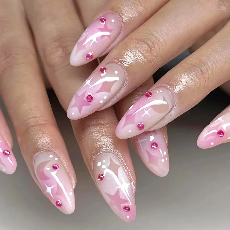 24Pcs Teardrop Cute Little Flower False Nail Art Full Cover Removable Artificial Fake Nails Coffin Ballerina Press-On Nails Art