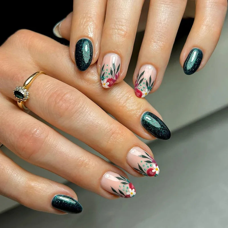 24Pcs Teardrop Cute Little Flower False Nail Art Full Cover Removable Artificial Fake Nails Coffin Ballerina Press-On Nails Art
