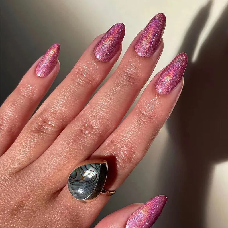 24pcs Almond Aurora French False Nails White Edge Design Fake Nails Art Full Coverage Waterproof Artificial Press on Nail