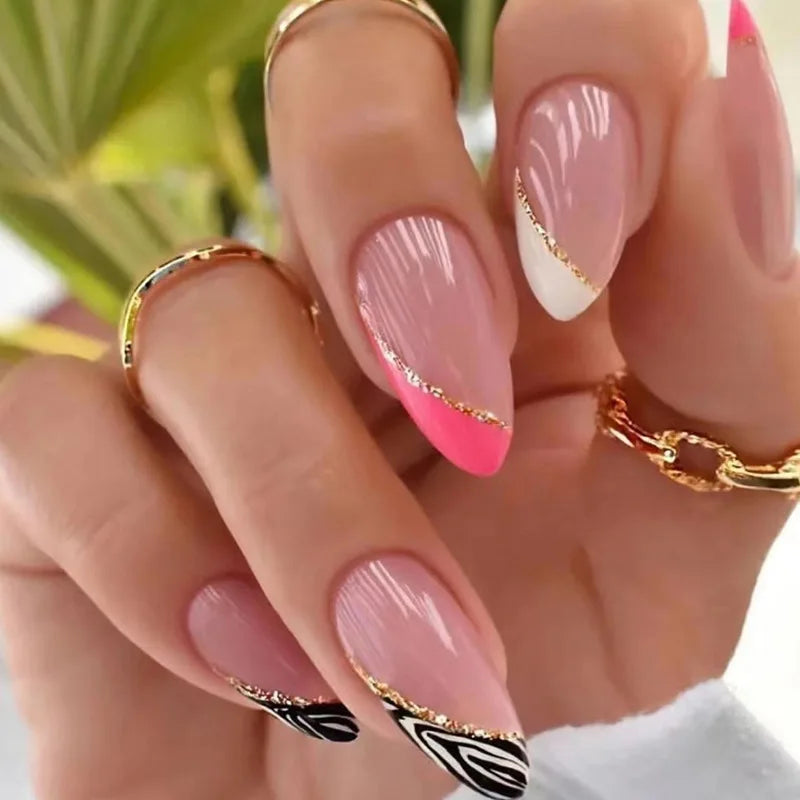 24Ps/Set Almond Slant Gold Line Lotus Pink Fake Nails Artificial Professional Material art False Nail Supplies For Professionals