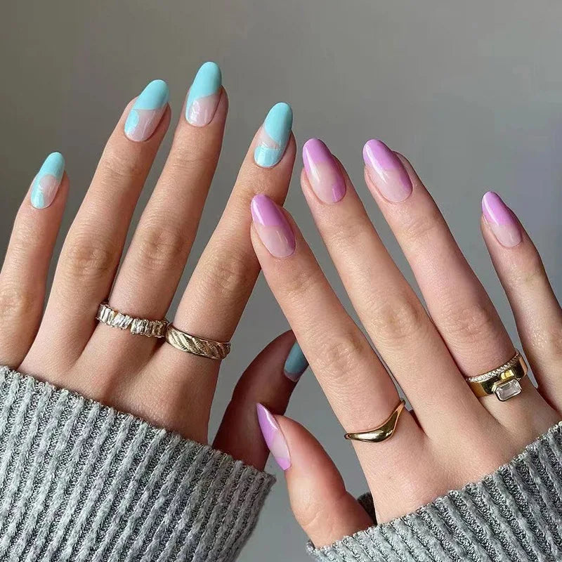 24pcs Almond Aurora French False Nails White Edge Design Fake Nails Art Full Coverage Waterproof Artificial Press on Nail