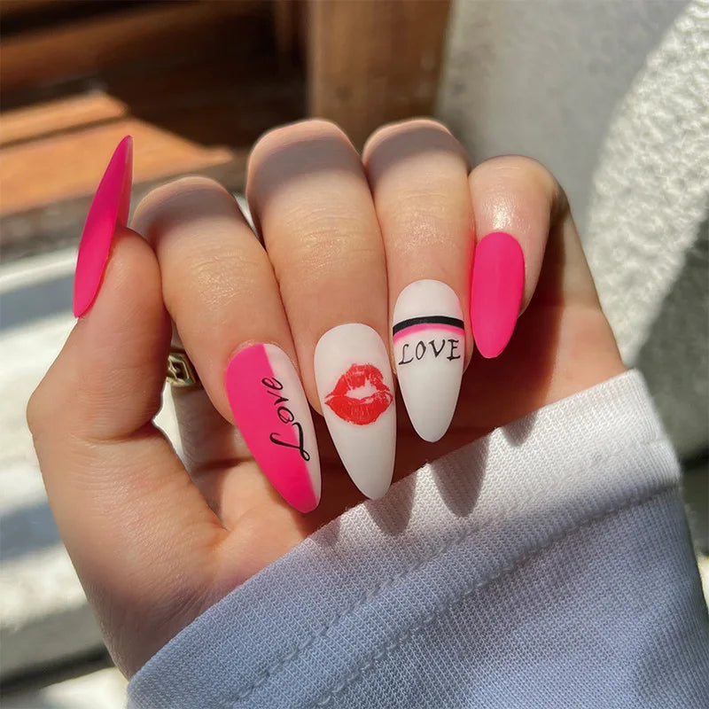24Ps/Set Almond Slant Gold Line Lotus Pink Fake Nails Artificial Professional Material art False Nail Supplies For Professionals