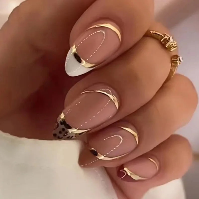24Ps/Set Almond Slant Gold Line Lotus Pink Fake Nails Artificial Professional Material art False Nail Supplies For Professionals