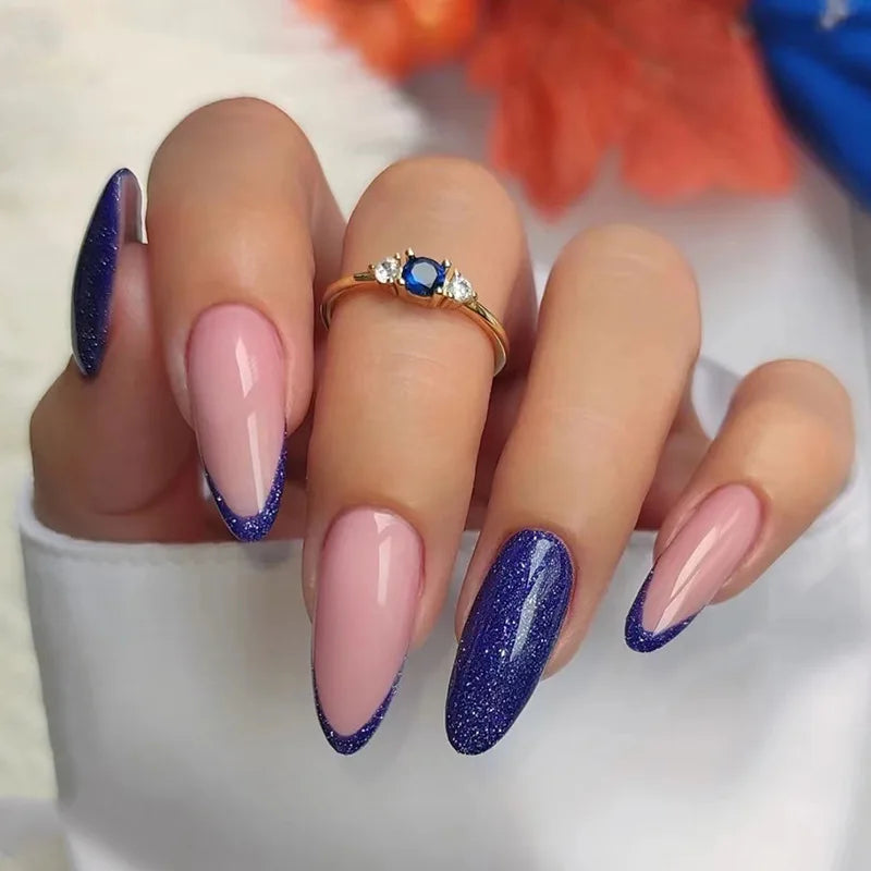 24Ps/Set Almond Slant Gold Line Lotus Pink Fake Nails Artificial Professional Material art False Nail Supplies For Professionals