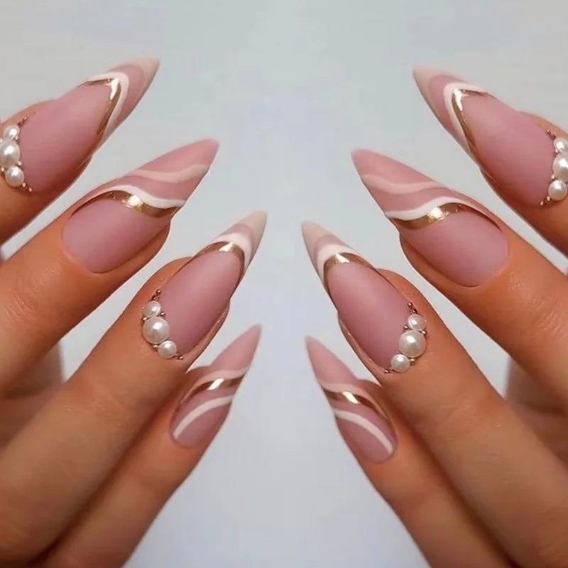 24Ps/Set Almond Slant Gold Line Lotus Pink Fake Nails Artificial Professional Material art False Nail Supplies For Professionals