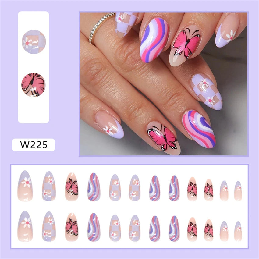 24Pcs/Set Acrylic Long Ballet Press on Nail Tips Coffin Wearing Reusable False Nails Art Colorful Glossy Fake Nails Artificial