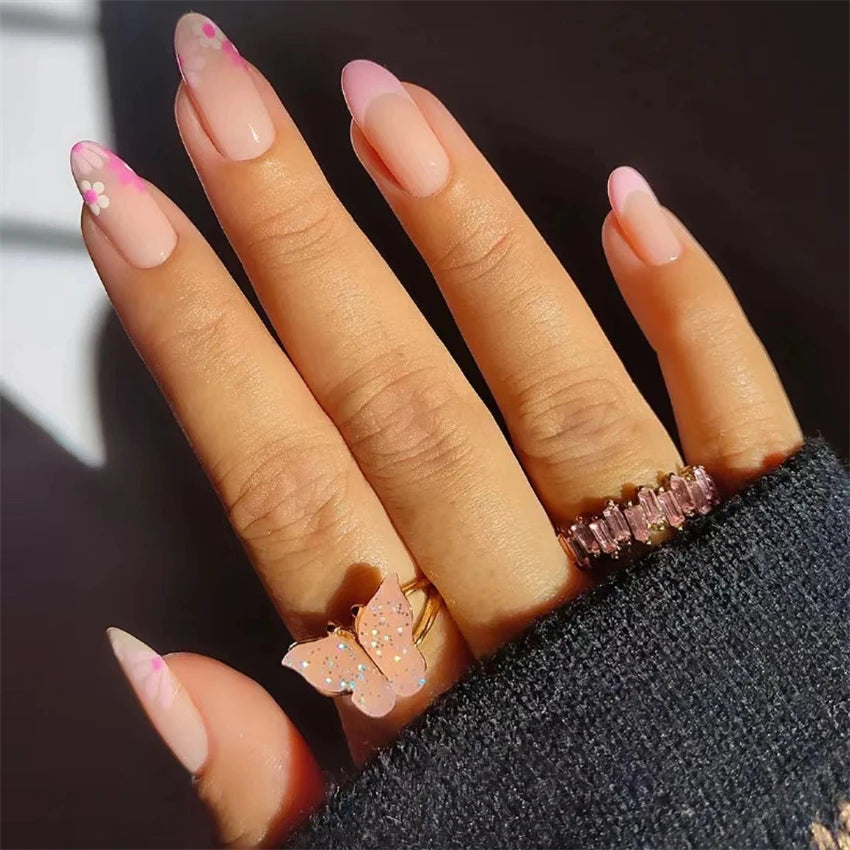 24Pcs Teardrop Cute Little Flower False Nail Art Full Cover Removable Artificial Fake Nails Coffin Ballerina Press-On Nails Art