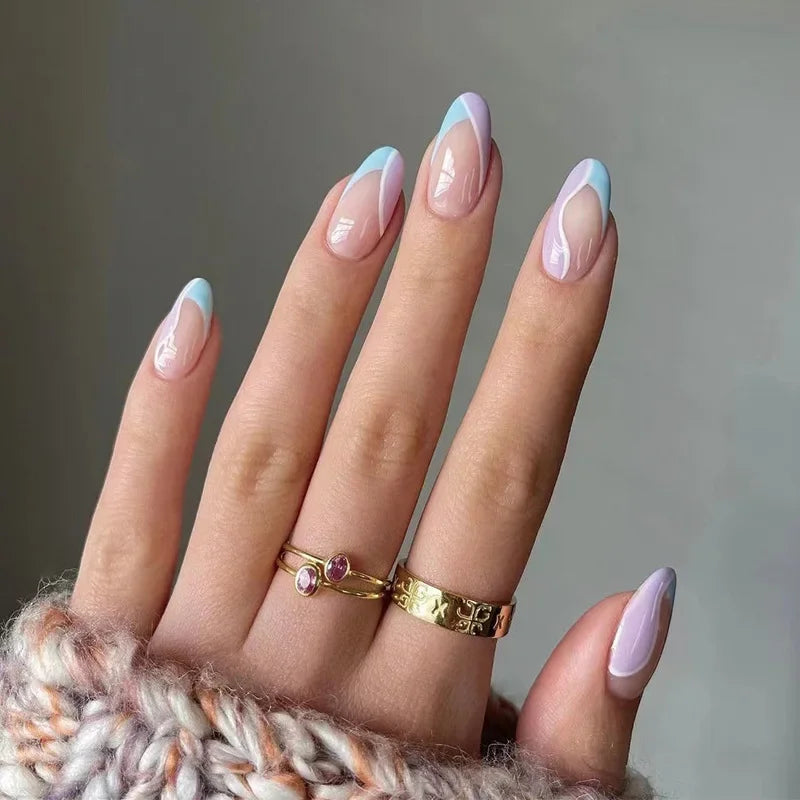 24pcs Almond Aurora French False Nails White Edge Design Fake Nails Art Full Coverage Waterproof Artificial Press on Nail