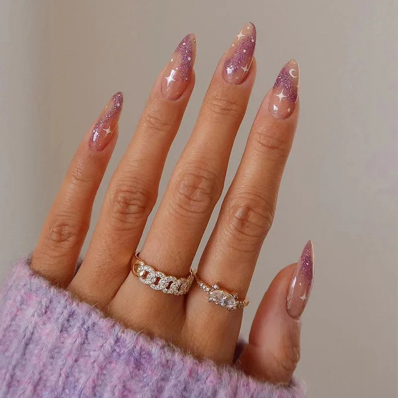 24pcs Almond Aurora French False Nails White Edge Design Fake Nails Art Full Coverage Waterproof Artificial Press on Nail