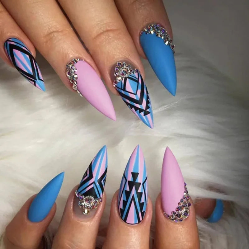 24Ps/Set Almond Slant Gold Line Lotus Pink Fake Nails Artificial Professional Material art False Nail Supplies For Professionals