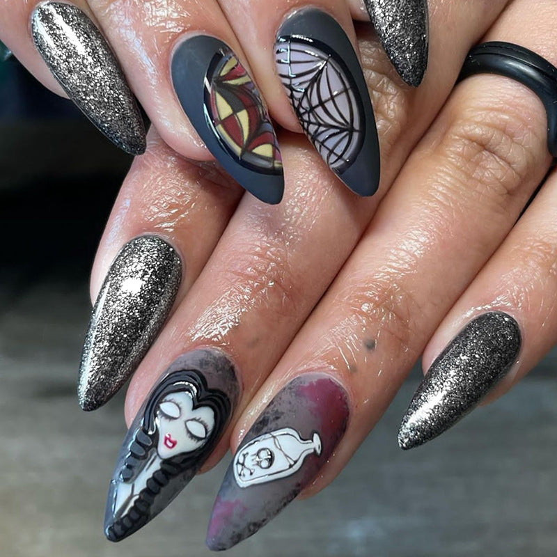 24pcs Almond Aurora French False Nails White Edge Design Fake Nails Art Full Coverage Waterproof Artificial Press on Nail