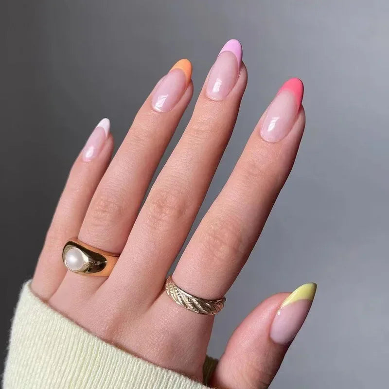 24pcs Almond Aurora French False Nails White Edge Design Fake Nails Art Full Coverage Waterproof Artificial Press on Nail