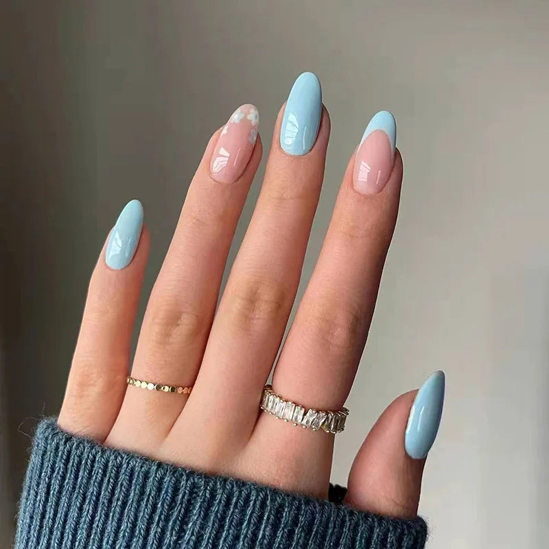 24Ps/Set Almond Slant Gold Line Lotus Pink Fake Nails Artificial Professional Material art False Nail Supplies For Professionals