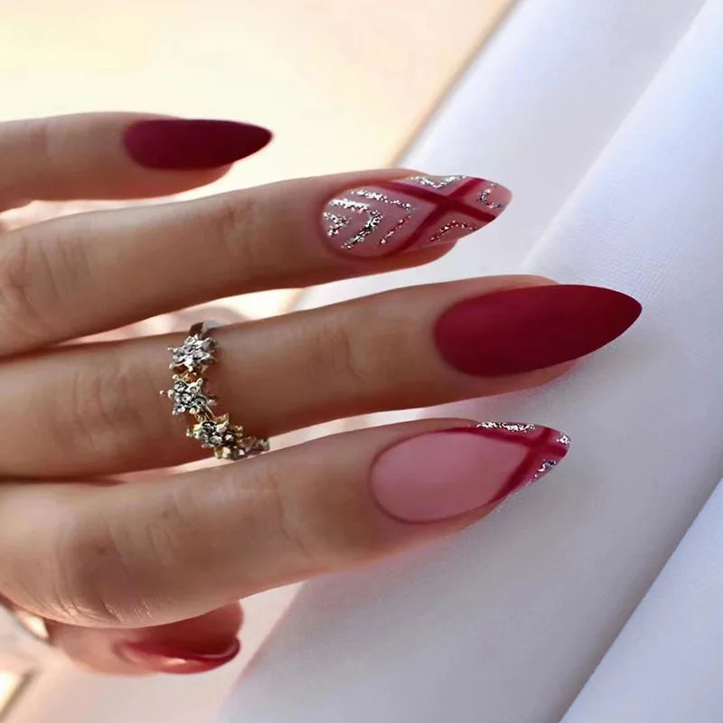 24Ps/Set Almond Slant Gold Line Lotus Pink Fake Nails Artificial Professional Material art False Nail Supplies For Professionals