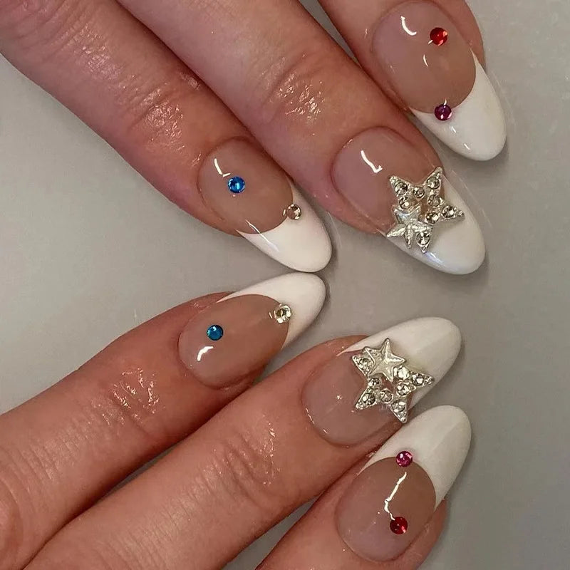 24pcs Almond Aurora French False Nails White Edge Design Fake Nails Art Full Coverage Waterproof Artificial Press on Nail