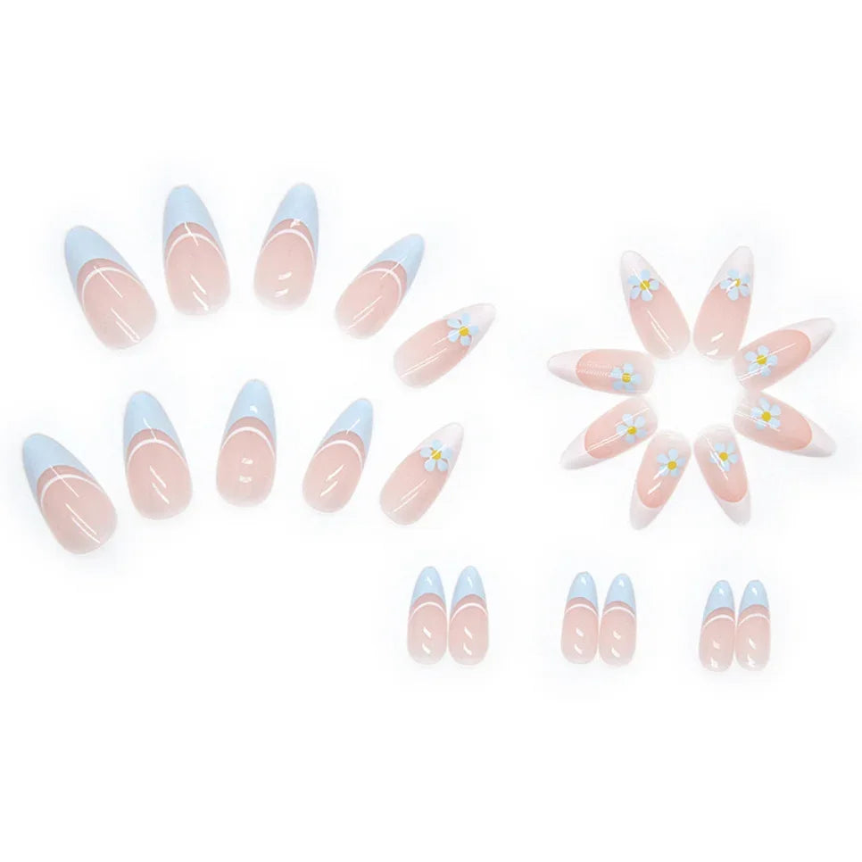 24Pcs Teardrop Cute Little Flower False Nail Art Full Cover Removable Artificial Fake Nails Coffin Ballerina Press-On Nails Art