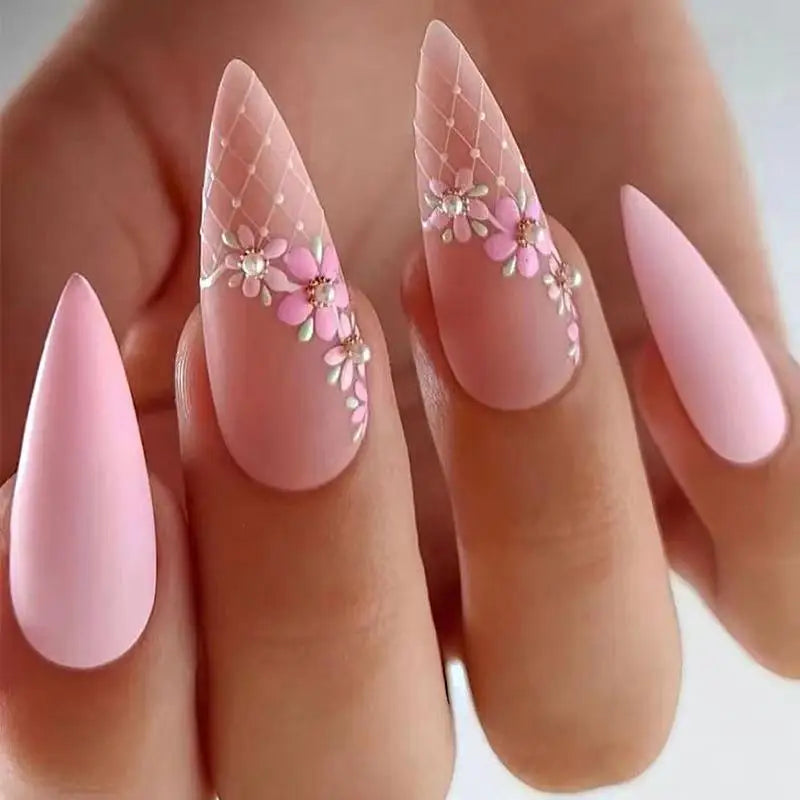 24Ps/Set Almond Slant Gold Line Lotus Pink Fake Nails Artificial Professional Material art False Nail Supplies For Professionals