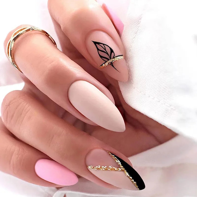 24Ps/Set Almond Slant Gold Line Lotus Pink Fake Nails Artificial Professional Material art False Nail Supplies For Professionals