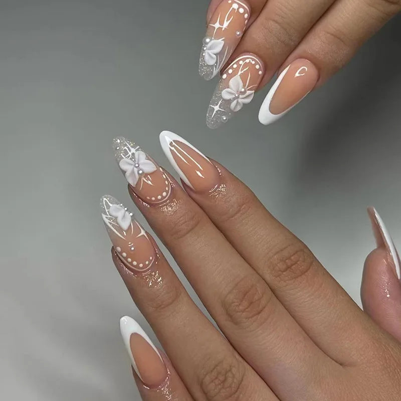 24Pcs Teardrop Cute Little Flower False Nail Art Full Cover Removable Artificial Fake Nails Coffin Ballerina Press-On Nails Art