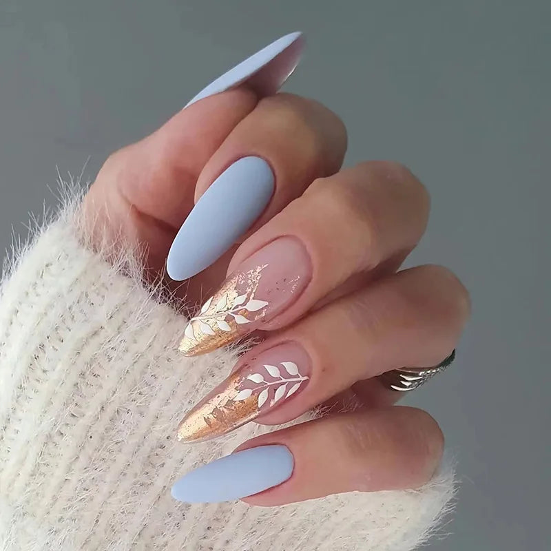 24Ps/Set Almond Slant Gold Line Lotus Pink Fake Nails Artificial Professional Material art False Nail Supplies For Professionals