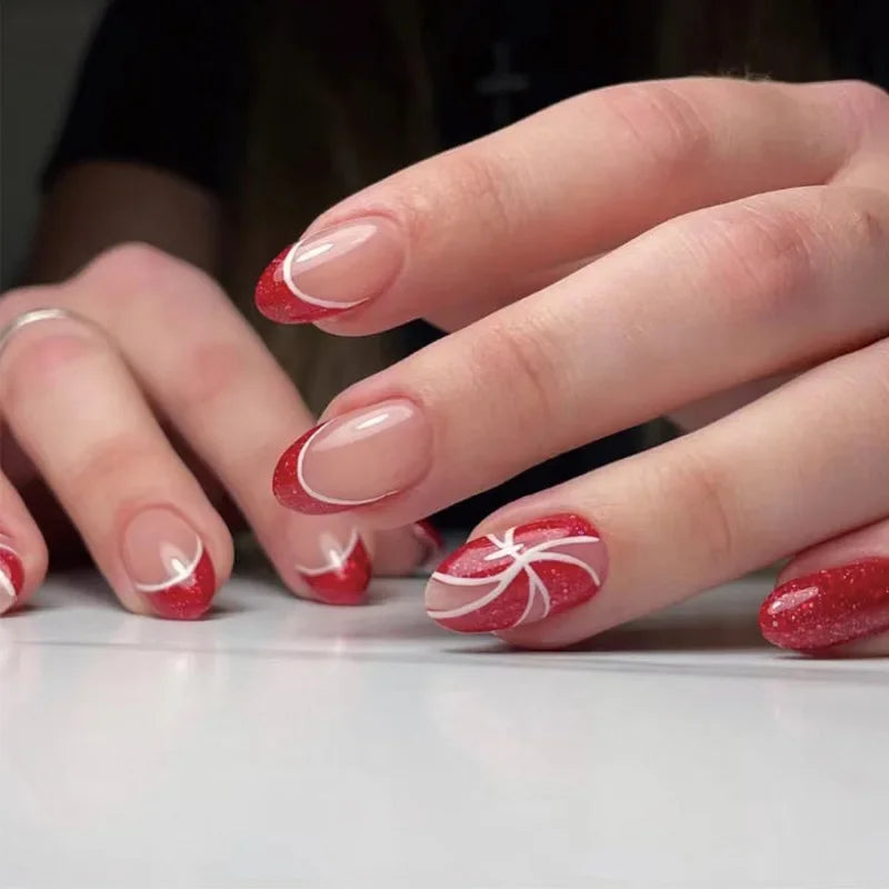 24pcs Almond Aurora French False Nails White Edge Design Fake Nails Art Full Coverage Waterproof Artificial Press on Nail