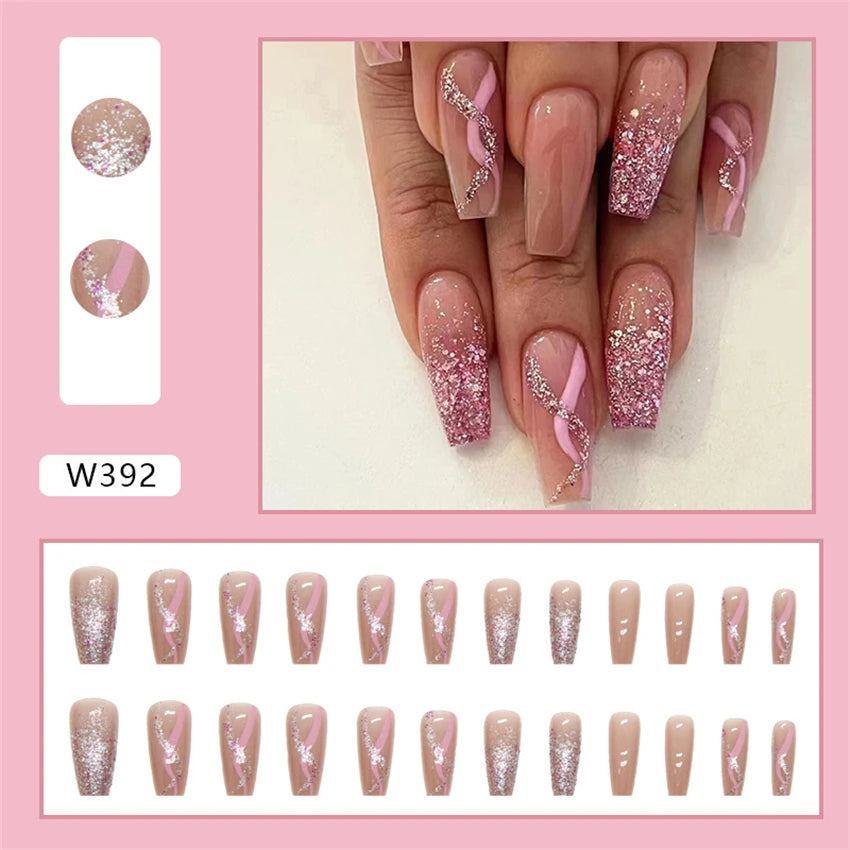 24Pcs/Set Acrylic Long Ballet Press on Nail Tips Coffin Wearing Reusable False Nails Art Colorful Glossy Fake Nails Artificial