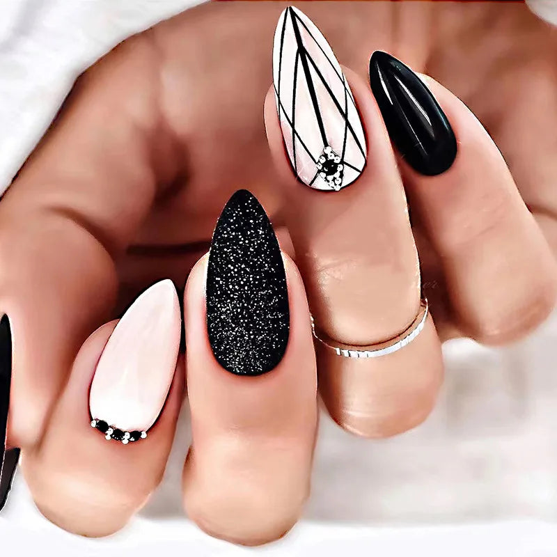 24Ps/Set Almond Slant Gold Line Lotus Pink Fake Nails Artificial Professional Material art False Nail Supplies For Professionals