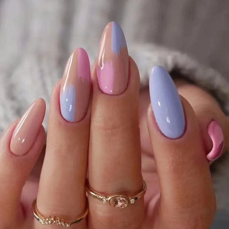 24Ps/Set Almond Slant Gold Line Lotus Pink Fake Nails Artificial Professional Material art False Nail Supplies For Professionals