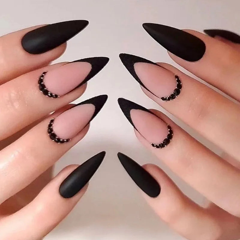 24Ps/Set Almond Slant Gold Line Lotus Pink Fake Nails Artificial Professional Material art False Nail Supplies For Professionals