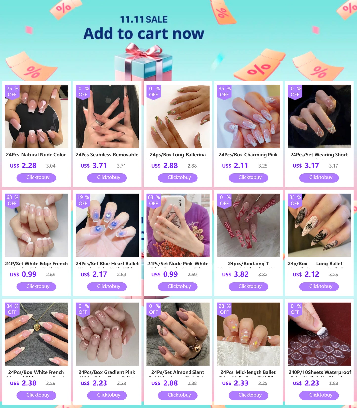 24Pcs Teardrop Cute Little Flower False Nail Art Full Cover Removable Artificial Fake Nails Coffin Ballerina Press-On Nails Art