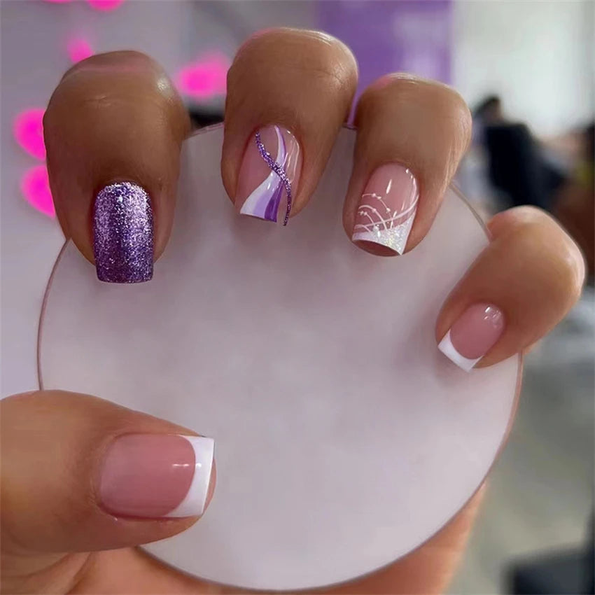24Pcs Medium Long Acrylic Fake Nails Art Cool Spice Girls Wearing False Nails Set Press on Nail Tips Removable French Nails Fake