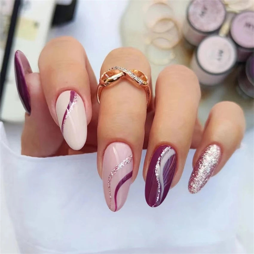 24Pcs Teardrop Cute Little Flower False Nail Art Full Cover Removable Artificial Fake Nails Coffin Ballerina Press-On Nails Art