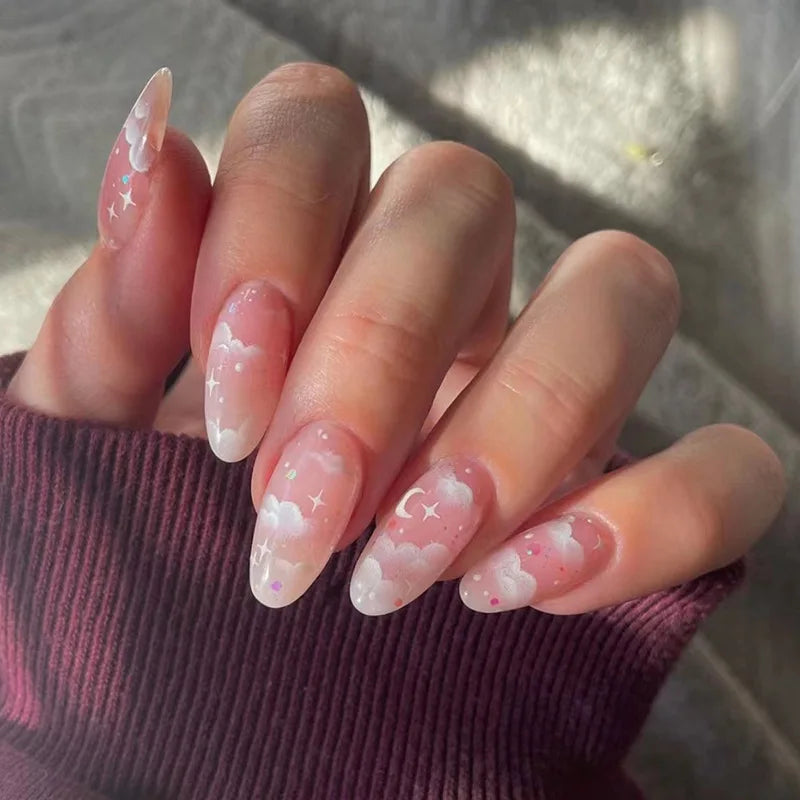 24Pcs Teardrop Cute Little Flower False Nail Art Full Cover Removable Artificial Fake Nails Coffin Ballerina Press-On Nails Art