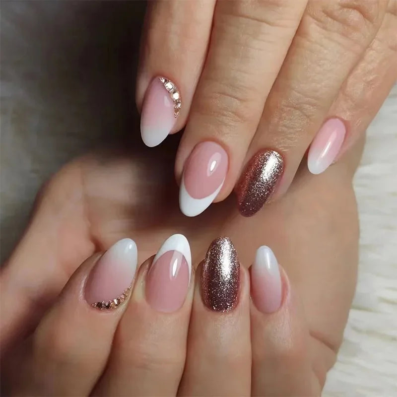 24pcs Almond Aurora French False Nails White Edge Design Fake Nails Art Full Coverage Waterproof Artificial Press on Nail