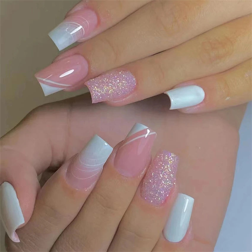 24Pcs Medium Long Acrylic Fake Nails Art Cool Spice Girls Wearing False Nails Set Press on Nail Tips Removable French Nails Fake