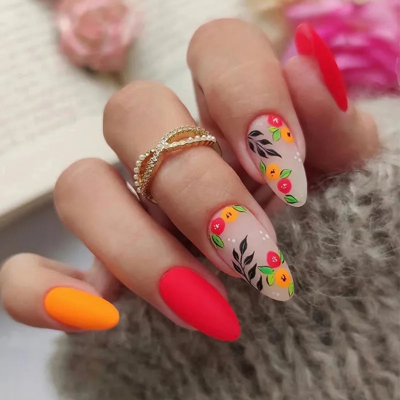 24Ps/Set Almond Slant Gold Line Lotus Pink Fake Nails Artificial Professional Material art False Nail Supplies For Professionals