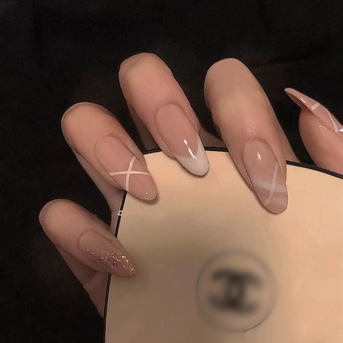 24Ps/Set Almond Slant Gold Line Lotus Pink Fake Nails Artificial Professional Material art False Nail Supplies For Professionals