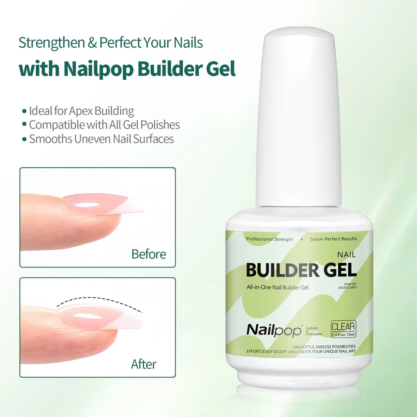 Nailpop Builder Nail Gel 4 Colors Base Coat Strengthener Thickening Extension Rhinestone Glue Gel Polish Brush in Bottle 15ml