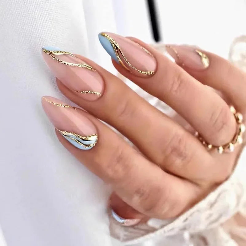 24pcs Almond Aurora French False Nails White Edge Design Fake Nails Art Full Coverage Waterproof Artificial Press on Nail
