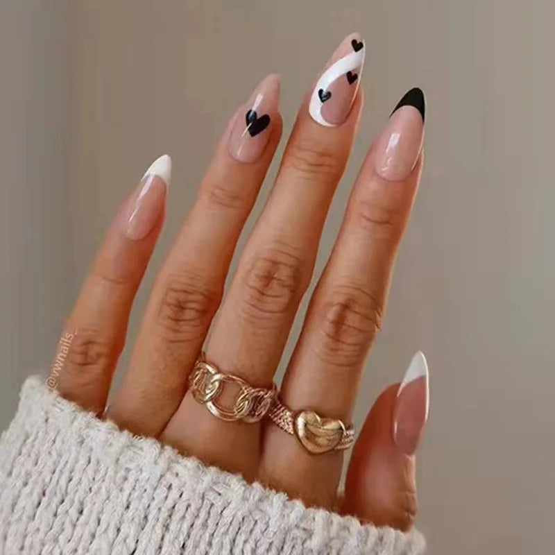 24Ps/Set Almond Slant Gold Line Lotus Pink Fake Nails Artificial Professional Material art False Nail Supplies For Professionals