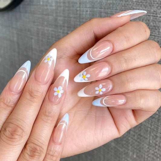 24Pcs  Teardrop Cute Little Flower False Nail Art Full Cover Removable Artificial Fake Nails Coffin Ballerina Press-On Nails Art